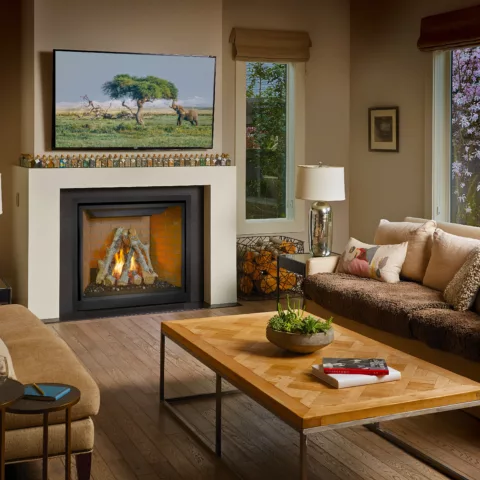 ProBuilder 42 Clean Face Deluxe Fireplace with the Common Brick Fireback and BonFyre Logs.