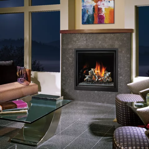 ProBuilder 42 Clean Face Fireplace with the Black Glass Fireback, and the Birch Log Set.