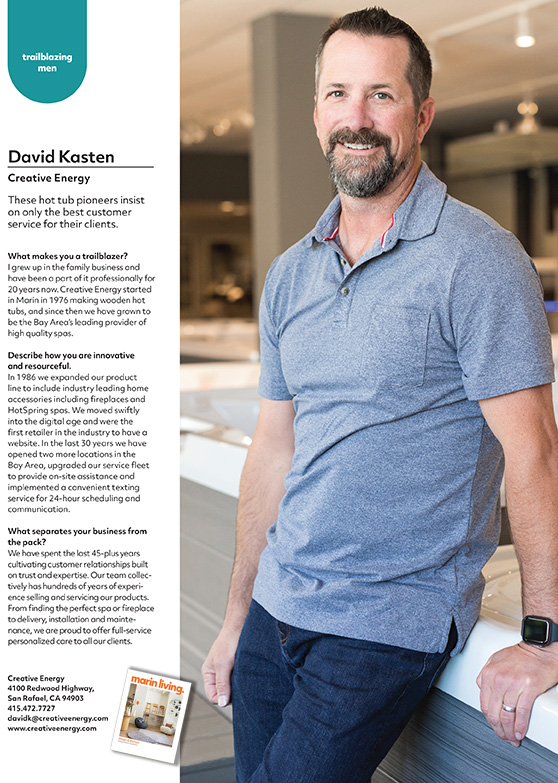 Right aligned image of Creative Energy COO, David Kasten, with Marin Living Magazine interview content left aligned 