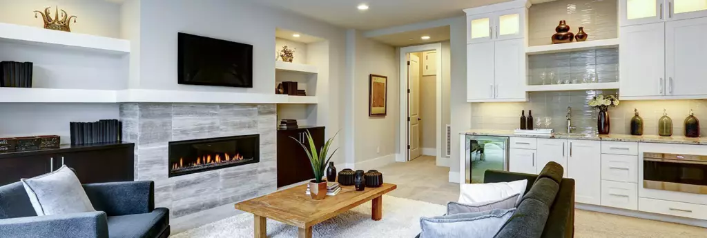 living room with modern look and fireplace insert