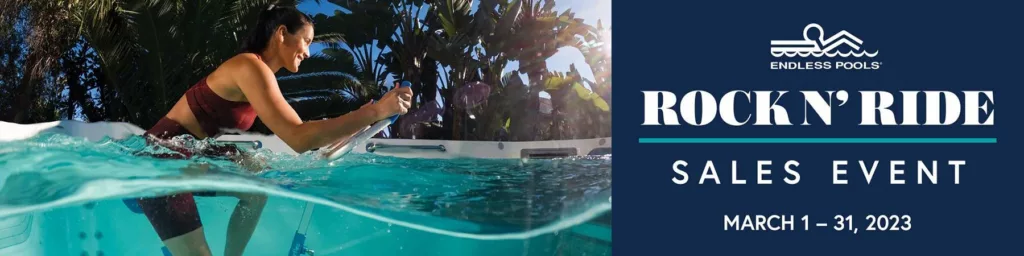 Woman with brown hair in pony tail riding an aquabike in a swim spa: "Rock N' Ride Sales Event"