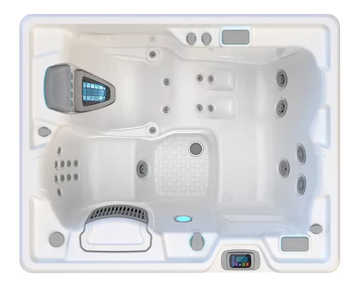 Overhead view of the shell of a Hot Spring Jetsetter LX hot tub with a white shell. 