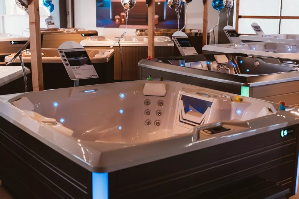 Interior of the Creative Energy San Rafael Showroom featuring multiple Hot Spring hot tub floor models