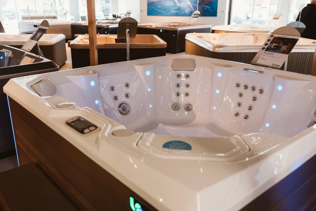 Interior of the Creative Energy San Rafael Showroom featuring multiple Hot Spring hot tub floor models