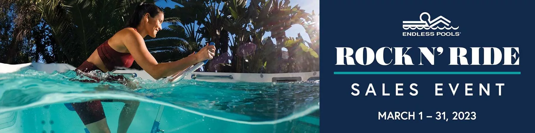 Woman with brown hair in pony tail riding an aquabike in a swim spa: "Rock N' Ride Sales Event"