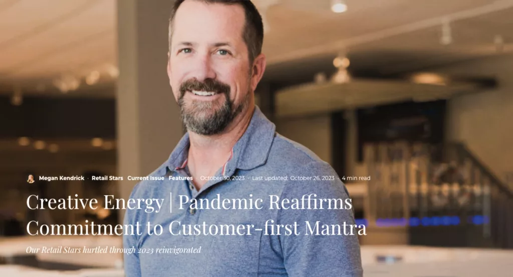 Creative Energy operations manager, David Kasten standing their San Rafael showroom with text overlay that reads: "Creative Energy | Pandemic Reaffirms Commitment to Customer-first Mantra. By: Megan Kendrick| Published: October 30, 2023"