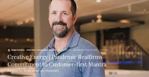 Creative Energy operations manager, David Kasten standing their San Rafael showroom with text overlay that reads: "Creative Energy | Pandemic Reaffirms Commitment to Customer-first Mantra. By: Megan Kendrick| Published: October 30, 2023"